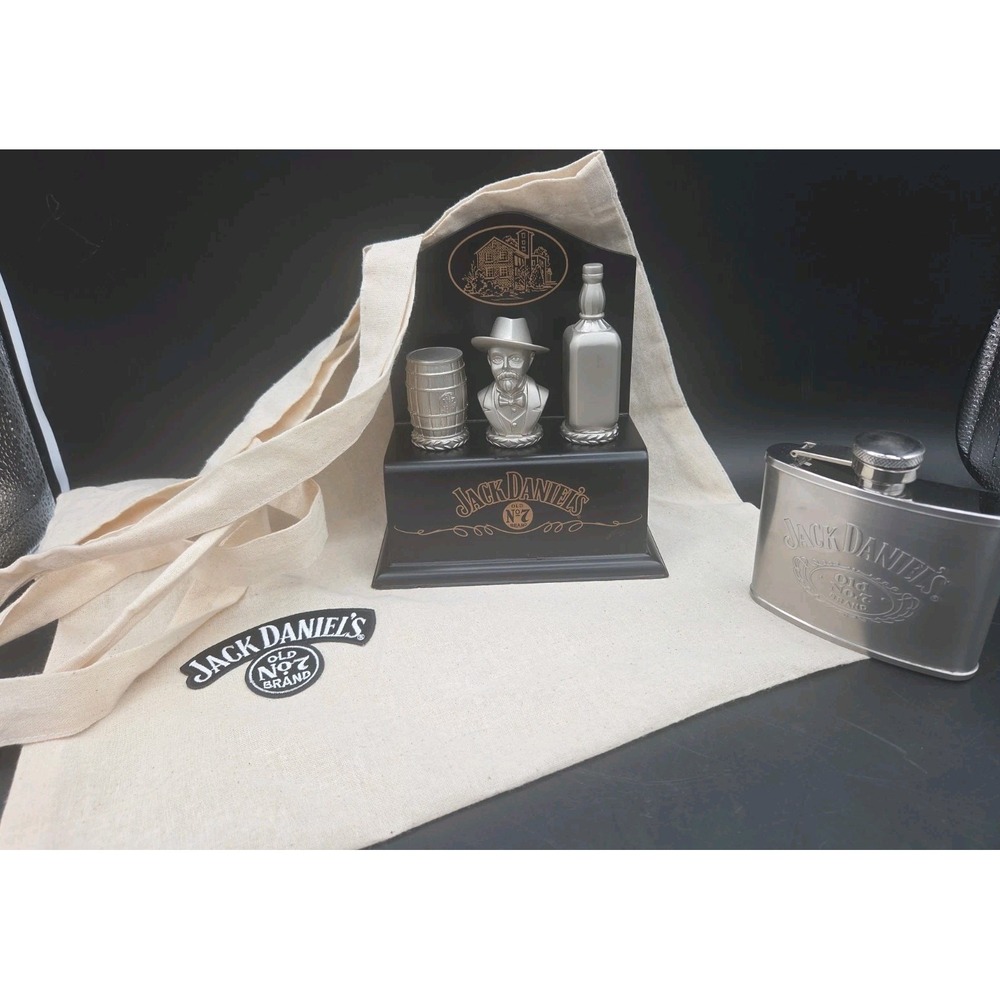 Vintage 2005 Jack Daniels Pewter Bottle Stopper Set Stand Flask Tote Bag Bundle